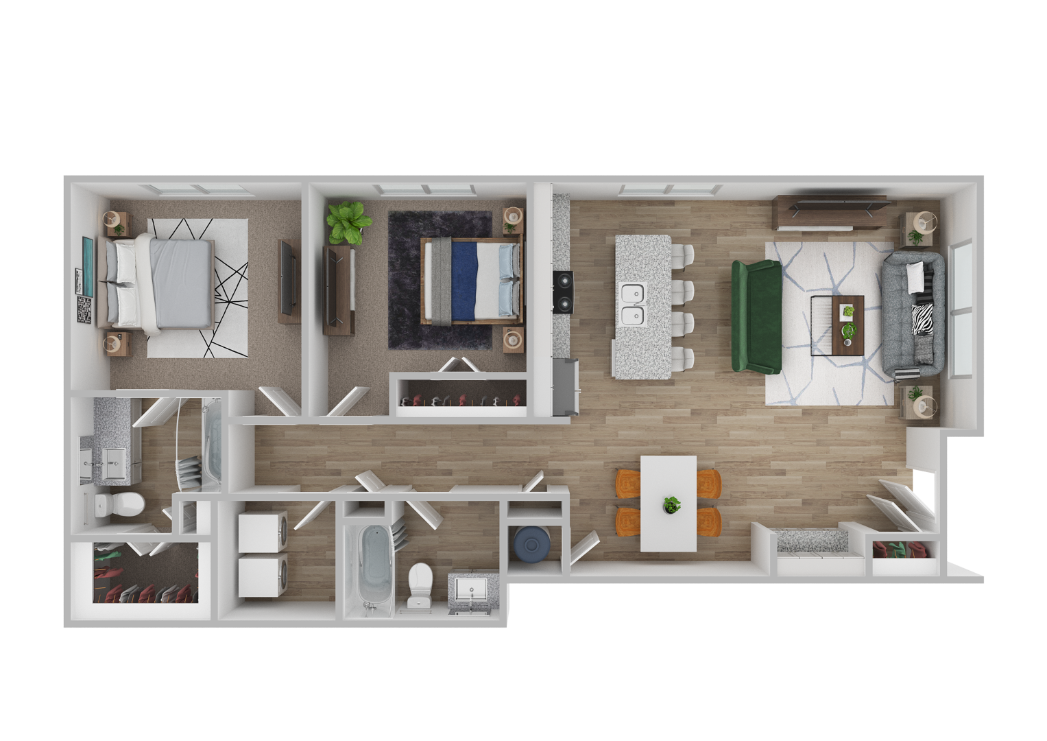 Floor plan for 2 beds, 2 baths, 1100 sqft